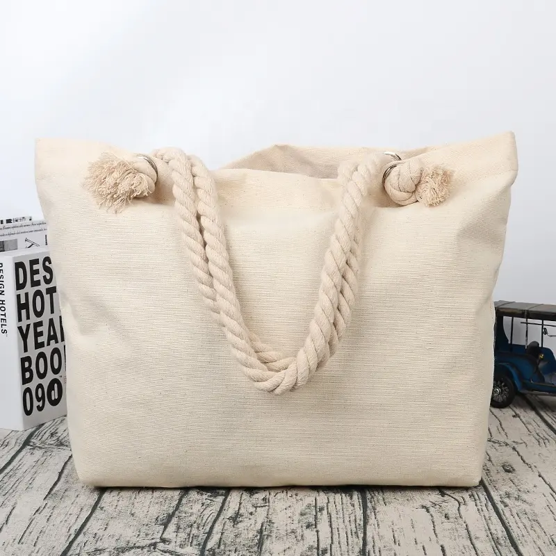 Cotton Canvas Tote Bag with Rope Handle Beach Bag for Shopping